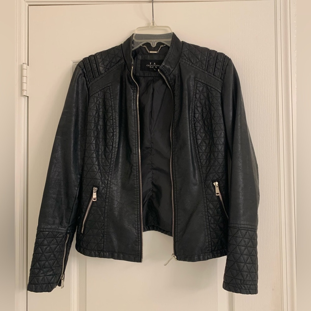 Black Quilted Leather Like Moto Jacket